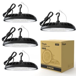 Glitgate LED High Bay Light 150W, 21000lm 5000K UFO High Bay Lights(600W MH/HPS Equiv.) LED Warehouse Lights with 5ft Cable US Plug for Garage Shop Barn, 4 Pack