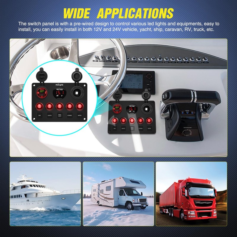 Nilight 5 Gang Multi Function Waterproof Switch Panel PD Type