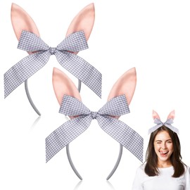 Canlierr 2 Pcs Easter Bunny Ears Headband Gingham Bows Rabbit Ears Hair Bands Easter Costume for Women Hair Accessories