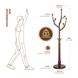 RêveLife Wood Coat Rack Coat Tree Freestanding with Hooks, Heavy Duty Standing Coat Rack with Solid Round Base, 74” Tree Shaped Coat Hanger Stand for Clothes, Hat, Jacket, Entryway Bedroom, Walnut