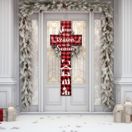 Menkxi 27.5 Inch Christmas Jesus is The Reason Door Sign Wood Christmas Nativity Scene Cross Door Ornament Christian Hanger Wreath for Holiday Wall Home Decor