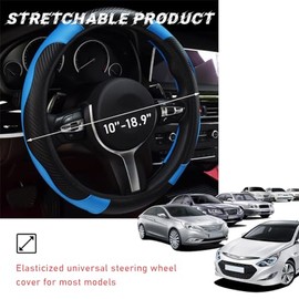 Povtii - Funda para volante de coche, de piel transpirable de 15 pulgadas, cómoda funda antideslizante para volante de vehículo, accesorios universales para interior de coche (negro + azul)