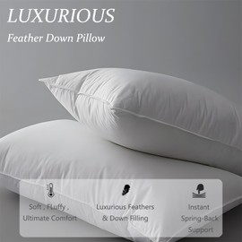 Luxury Soft Goose Feather Down Pillows King Size Set of 2, High Support Feather Pillows with 750 Fill Power, 600Tc 100% Down-Proof Cotton Cover Down Pillow for Back, Side or Stomach Sleepers, 20 x 36