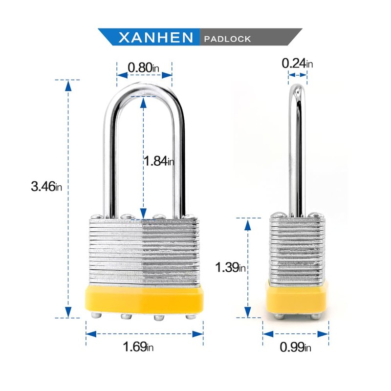 XanHen Keyed Alike Laminated Steel Padlocks with Long Shackle for
