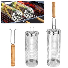 DTYGUIXE Set of 2 Rolling Grill Baskets, Stainless Steel, Nesting Rolling Grill Basket, 23.5 x 8.5 cm, Rolling Grilling Basket with Wooden Handle, Cylindrical Grill Basket for Dinner, Picnic, Camping,