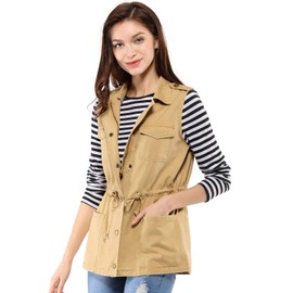 Allegra K Women's Zip Up Sleeveless Jacket Utility Anorak Outwear Cargo Vest Small Khaki