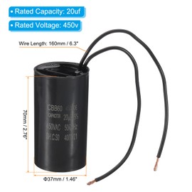 PATIKIL 20uf CBB60 Run Capacitor, AC 450V 2 Wires 50/60Hz Motor Running Capacitor 70x37x70, Black