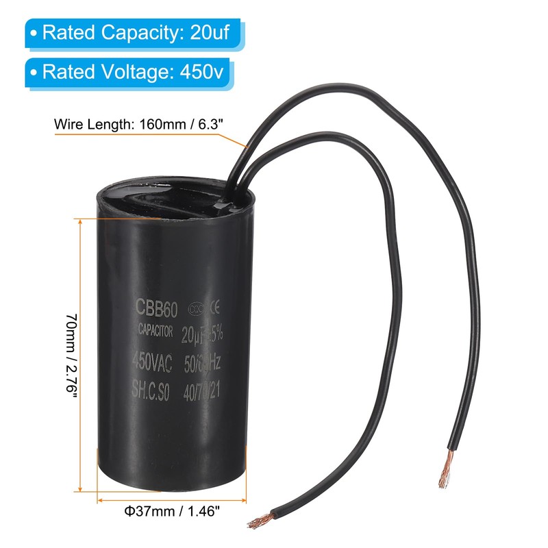 PATIKIL 20uf CBB60 Run Capacitor, AC 450V 2 Wires 50/60Hz