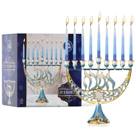 Ner Mitzvah Hanukkah Menorah - Fits All Standard Chanukah Candles - Modern Jeweled Candle Menorahs for Chanukah - Star of David, Chanukah Calligraphy