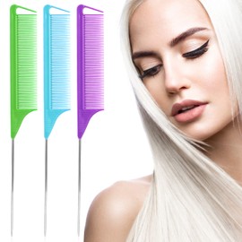 Rat Tail Combs Parting Comb: 3Pcs Rat Tail Comb Set, Long Steel Pin Rat Tail Teasing Comb, Hair Combs for Salon Hair Stylist, Tail Combs Metal ,Parting Combs for Women(Purple|Green|Blue)