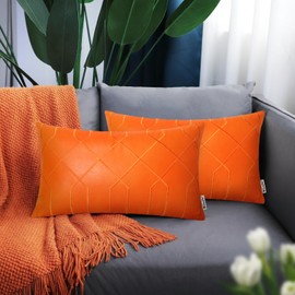 BRAWARM Leather Pillow Covers 12 X 20 Inches - Orange Faux Leather Lumbar Pillow Covers Pack of 2, Geometric Embroidery Leather Decorative Throw Pillows for Living Room Couch Bed Sofa Home