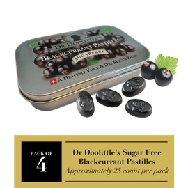 DOOLITTLE Dr Sugar Free Soft Fruit Pastilles for Voice and Throat, Blackcurrant Flavor, 2.12 Ounce Tin, Approximately 25 Count Package, 4 Pack