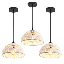 AOJUNSANSAN 3 Pack Woven Pendant Light Fixtures,10.2" White Rattan Pendant Lights Farmhouse Basket Light Fixture Adjustable Boho Hanging Lamp for Kitchen Island Bedroom Dining Room Foyer Hallway