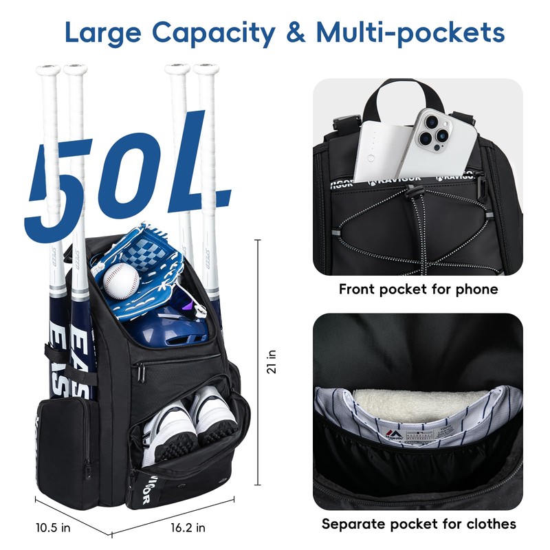 KAVIGOR Baseball Bag for Youth and Adult, Softball Bag 50L