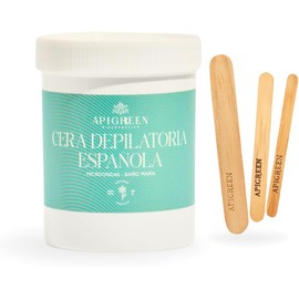 APIGREEN - CERA ESPAÑOLA DEPILATORIA (400GRS) + APLICADORES, PIEL SENSIBLE - BIKINI, ROSTRO, PIERNAS, BARBA DEPILA SIN DOLOR EFICAZ EN TODO TIPO DE VELLO (Azuleno)