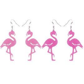Bettinay 2 Pairs Pink Flamingo Earrings, Glitter Pink Drop Earrings Dangling for Women Girls Gifts