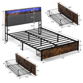 COMHOMA Queen Bed Frame with Headboard and Storage Drawers, Charging Station, Modern Platform Metal Frames with Wood Accents, No Box Spring Needed, Quiet and Sturdy Structure