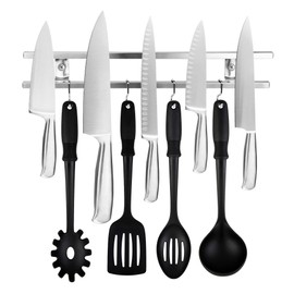 Modern Innovations 16 Inch Stainless Steel Magnetic Knife Bar with 8 Metal Hooks - Multipurpose Use as Wall Mount Knife Holder, Knife Magnetic Strip, Kitchen Utensil Holder, Magnetic Tool Holder