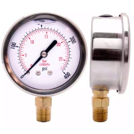 DuraChoice 2" Oil Filled Pressure Gauge, SS Face, 1/4" NPT, Lower Mount, 0-15PSI