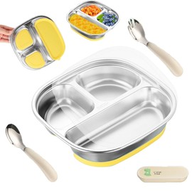 Stainless Steel Plate Baby Plate with Suction Cup, Children's Plate with Suction Cup, Non-Slip Baby Tray with Children's Tableware and Transparent Lid, A Good Helper for Baby Eating