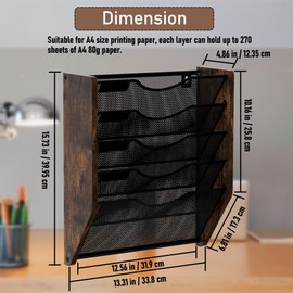 Senhoglb Mesh Hanging Wall File Organizer, 5-Tier File Holder Wall Mounted Magazine Rack with Pockets Wood Document Storage Mail Organizer for Office Home, Antique Brown