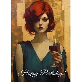 Pixiluv HAPPY BIRTHDAY Greeting card ~ Gorgeous Woman out for Dinner in a Pretty Dress~ Birthday Wishes Greetings Vintage Large Card
