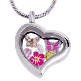 RUBYCA Themed Heart Locket Necklace Crystal Birthstone Living Memory Floating Charm Silver Tone DIY