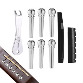 6pcs Metal Guitar Bridge Pins, Acoustic String Pegs Pins with Bridge Pin Puller Remover Saddle Nut, Guitar Parts & Accessories Replacement Tool (Silver)