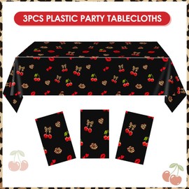 3Pcs Cheetah and Cherry Birthday Decorations Tablecloths, Red and Black Disposable Plastic Tablecloths 54x108In for Bday Bridal Shower Wedding School Bache Party Favors