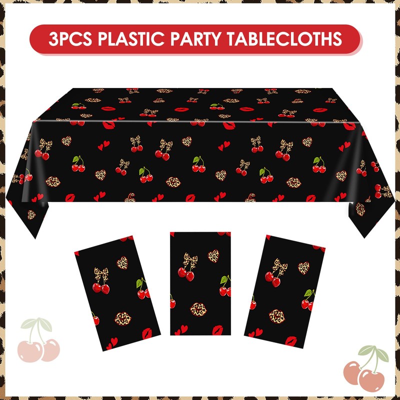 3Pcs Cheetah and Cherry Birthday Decorations Tablecloths, Red and Black
