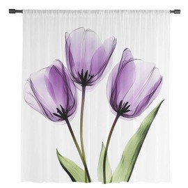 Purple Tulip Window Curtains 63 Inches Long,Aesthetic Pastoral Flower Floral Spring Semi Sheer Rod Pocket Chiffon Curtains & Drapes Drapery Voile Draperies Window Treatment for Living Room/Bedroom