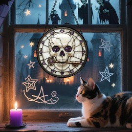 CRISGIF Stained Glass Window Hanging - Halloween Scary Skull Suncatcher for Doors Garden Home Spooky Purple Skeleton Key Sun Catchers Gothic Decor Horror Gifts for Women Men Friend Boy Girl 6.3 in