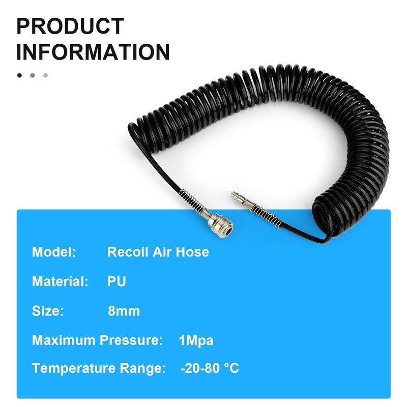 ERGAOBOY 1Pcs 8mm Polyurethane Air Compressor Hose, 10m Black Retractable