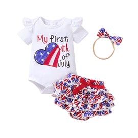 Mioglrie Independence Day Newborn Baby Girl Clothes Romper Shorts Set Blue Independence Day Baby Girl 4th of July Outfits 3-6 Months Girl Clothes