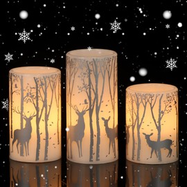 Eldnacele Christmas Flickering Flameless Candles with 6 Hour Timer, Silver Deer Decal Battery Operated Real Wax LED Pillar Candles Home Tabletop Holiday Decor(3Pcs,3×4/5/6 Inches)