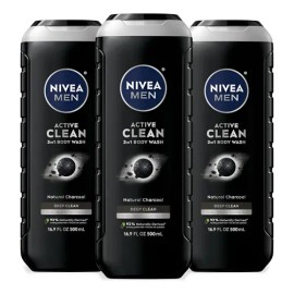 Nivea Men Active Clean Gel de Baño con Carbón Natural  Charcoal Body Wash 3-in-1, 16.9 fl oz (Pack of 3)                                              