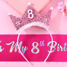 Vovii Birthday Girl Headband with Pearl & Sash Set for 8th Birthday Decorations for Girls, Princess Crown Headband for 8 Year Old Girl Outfit Gift Dress