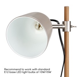 TORCHSTAR Metal Desk Lamp, E12 Socket, Stylish Gray Steel Shade Table Light, Adjustable Height, with Wood Grain Finish Iron Pole, UL-Listed Cable Cord, for Reading, Office, Study, Work Lighting