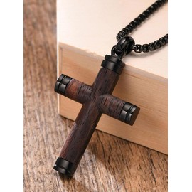 Men's Wooden Cross Pendant Necklace, Stainless Steel Jewelry for Party, Men Jewelry, Daily Clothing Decor, Trendy All-match & Exquisite Jewelry for Birthday Gift