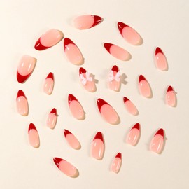 Red French Tip Press on Nails Almond Medium Fake Nails with 3D Bow Pearl Designs Valentines Nails Press ons Glossy False Nails Full Cover Glue on Nails Acrylic Nail Kit for Women Girls 24 Pcs