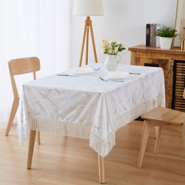 LinenZone 104 Inch Velvet Tablecloth for 8 to 10 People. White Oblong Tablecloth with Fringes is Perfect Boho Tablecloth for Boho Kitchen Decor or Boho Dining Table Decor. (Iris 60 x 104, White)
