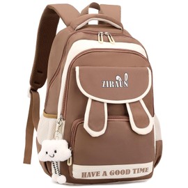 Amythe School Backpack Girls Teenagers, Lightweight Waterproof Daypack with Cute Pendant, School Bag for Girls 3-5th Class and Secondary School, Large Backpack Teenager, brown