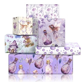 Dreamy Fairy and Flower Wrapping Paper, Mushroom House Fairy Tale Sika Deer Wishing Bottle Gift Wrap Paper, For Little Princess Birthday, Wedding, Baby Shower, Easter, 6 Sheets 50x70 cm