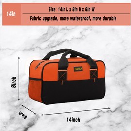 FASTECH 14 Inch Tool Bag, Small Wide Mouth Tool Tote Bag, Waterproof Tool Organizer Bag, Electricians Repairman Tools Tote Bag Double Fabric Storage Bag (Orange)