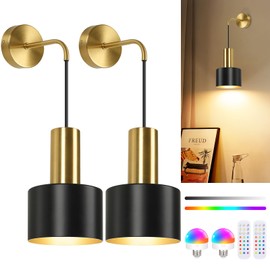 VerRon Rechargeable Battery Operated Wall Sconce Set of Two, Black & Gold Wireless Battery Powered Lights with Dimmable Detachable Bulbs & Remote, Modern Sconces Wall Decor for Bedroom Living Room