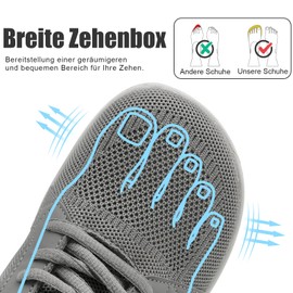 VLHGCG Breite Zehenbox Barfußschuhe Damen Orthopädische Sportschuhe mit Rutschfestem Grip Atmungsaktiv Grau EU37