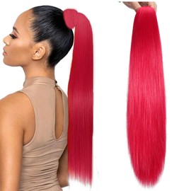 HENSLEELY Claw Ponytail Extensions Red 22 Inch Long Straight Pony Tail Hairpieces Synthetic Clip in Hair Extension for Women Daily Use(22Inch,Red)