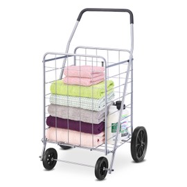 Whitmor Deluxe Utility Foldable Shopping Cart with Wheels, 100 Lb Capacity, Heavy Duty Grocery Cart with Steel Frame, Foam Handle, Rolling Folding Utility Trolley for Grocery, Laundry, Travel, Gray