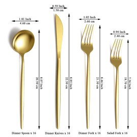 Evanda Gold Silverware Set 64 Piece Service for 16, Titanium Gold Plated Stainless Steel Flatware Set, Knives Forks Spoons Cutlery Set for Wedding, Parties, Birthday, Restauroom, Dishwasher Safe
