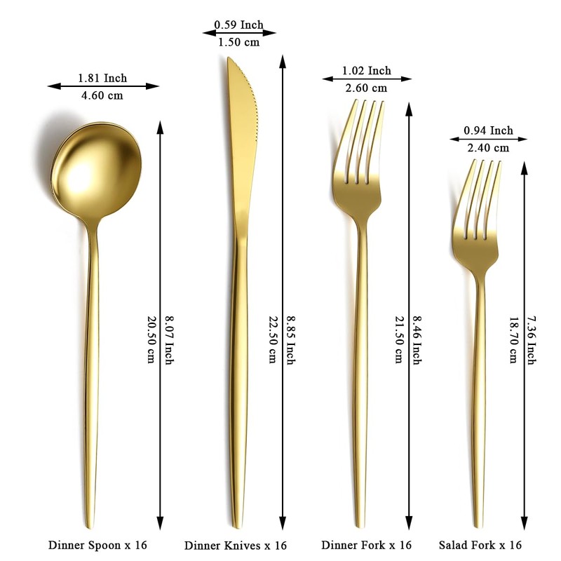 Evanda Gold Silverware Set 64 Piece Service for 16, Titanium